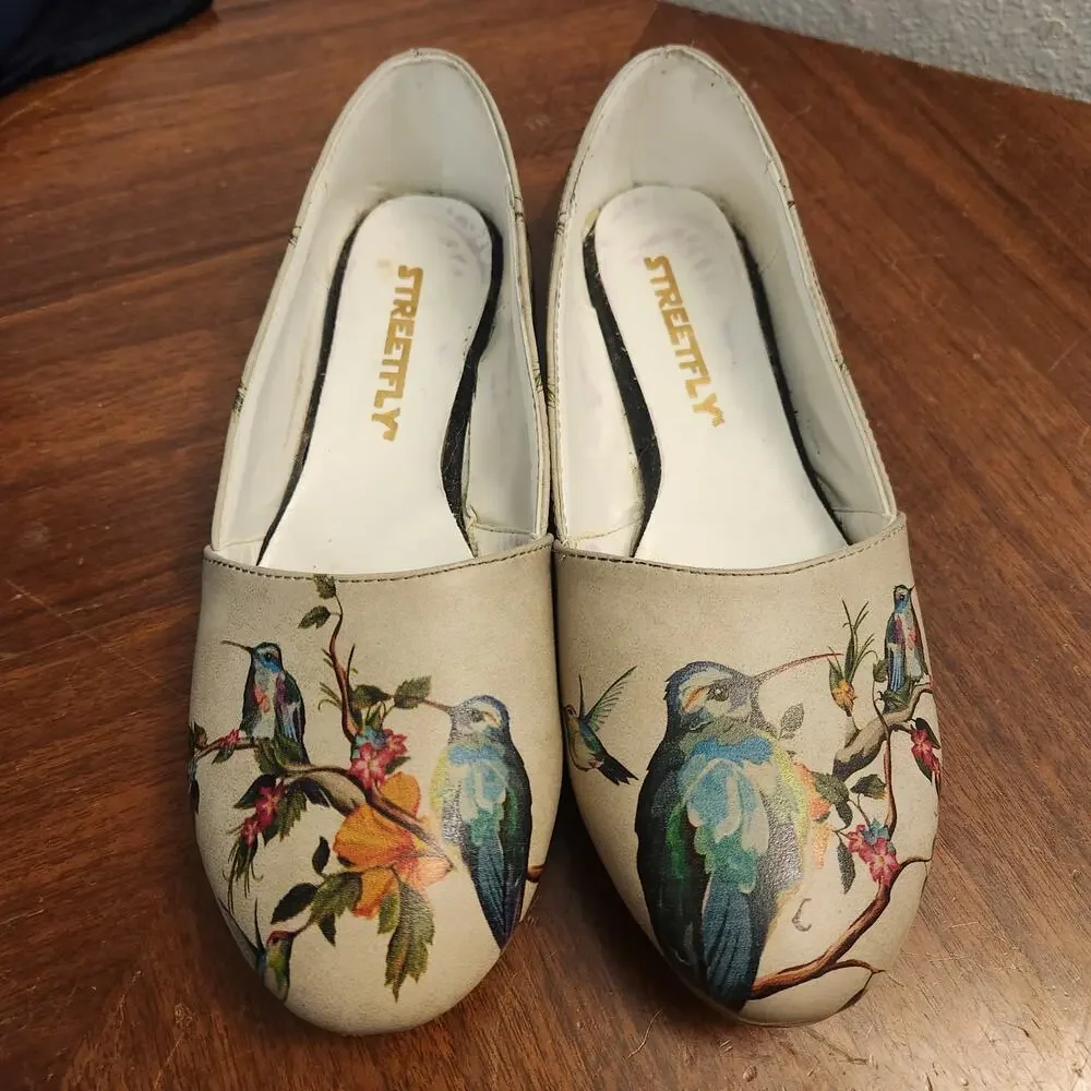 StreetFly Cottagecore Bird Pattern Canvas D'Orsay Ballet Flats Size 38 (7.5-8)